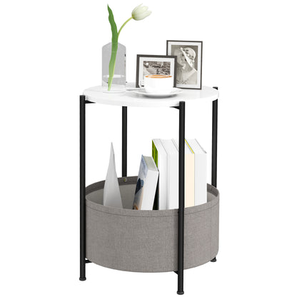 Side Table Round Bedside Table with Shelf and Fabric Basket, Steel Coffee Table for Living Room Bedroom 44 x 44 x 56 cm Gray+White