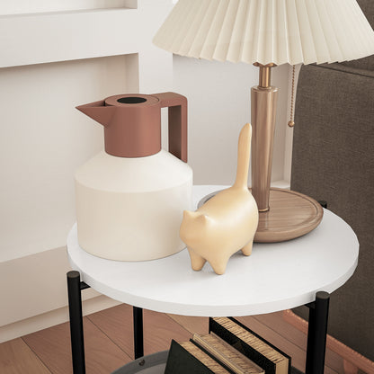 Side Table Round Bedside Table with Shelf and Fabric Basket, Steel Coffee Table for Living Room Bedroom 44 x 44 x 56 cm Gray+White