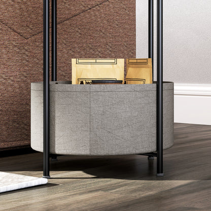 Side Table Round Bedside Table with Shelf and Fabric Basket, Steel Coffee Table for Living Room Bedroom 44 x 44 x 56 cm Gray+White