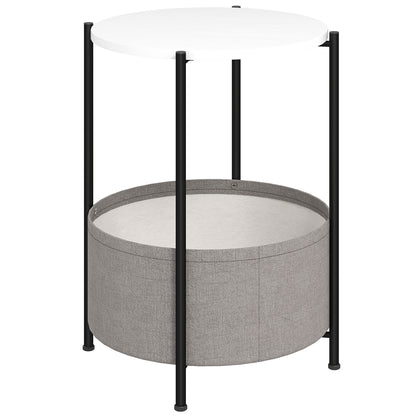 Side Table Round Bedside Table with Shelf and Fabric Basket, Steel Coffee Table for Living Room Bedroom 44 x 44 x 56 cm Gray+White