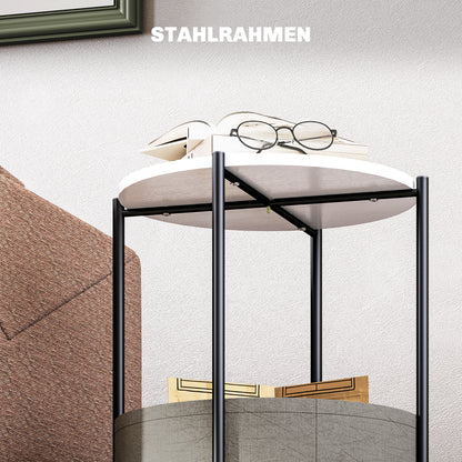 Side Table Round Bedside Table with Shelf and Fabric Basket, Steel Coffee Table for Living Room Bedroom 44 x 44 x 56 cm Gray+White