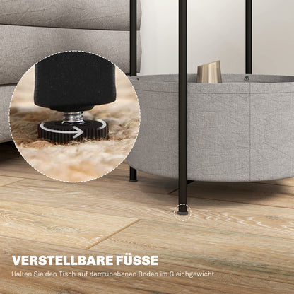 Side Table Round Bedside Table with Shelf and Fabric Basket, Steel Coffee Table for Living Room Bedroom 44 x 44 x 56 cm Gray+White