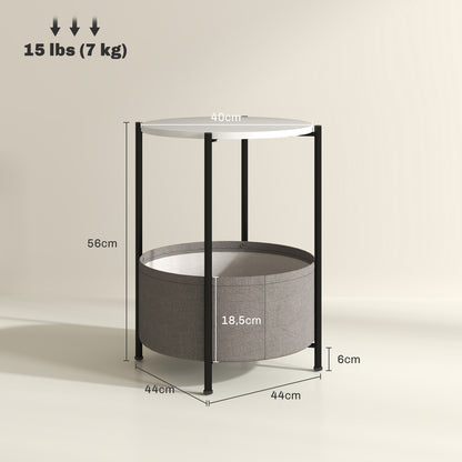 Side Table Round Bedside Table with Shelf and Fabric Basket, Steel Coffee Table for Living Room Bedroom 44 x 44 x 56 cm Gray+White