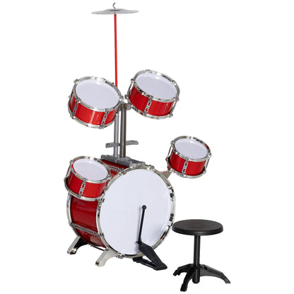 Kids Drum Set with Drum Throne for Children 3+ Years with Drums Bass Drum Cymbal Pedal and Drumsticks 68.5x37x84 cm Red