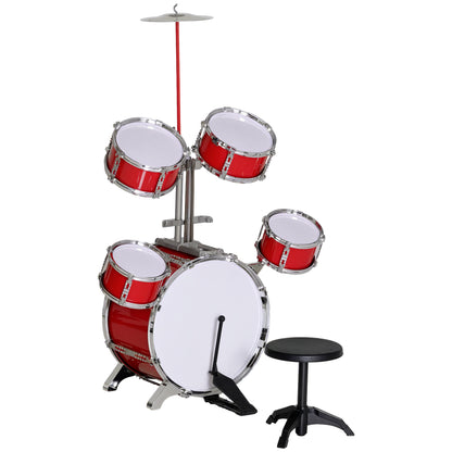 Kids Drum Set with Drum Throne for Children 3+ Years with Drums Bass Drum Cymbal Pedal and Drumsticks 68.5x37x84 cm Red