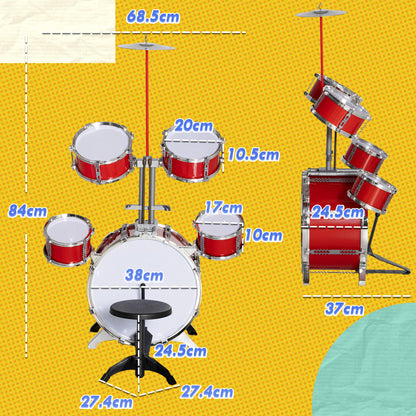 Kids Drum Set with Drum Throne for Children 3+ Years with Drums Bass Drum Cymbal Pedal and Drumsticks 68.5x37x84 cm Red