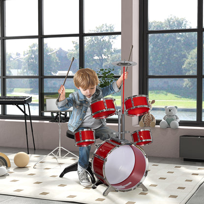 Kids Drum Set with Drum Throne for Children 3+ Years with Drums Bass Drum Cymbal Pedal and Drumsticks 68.5x37x84 cm Red
