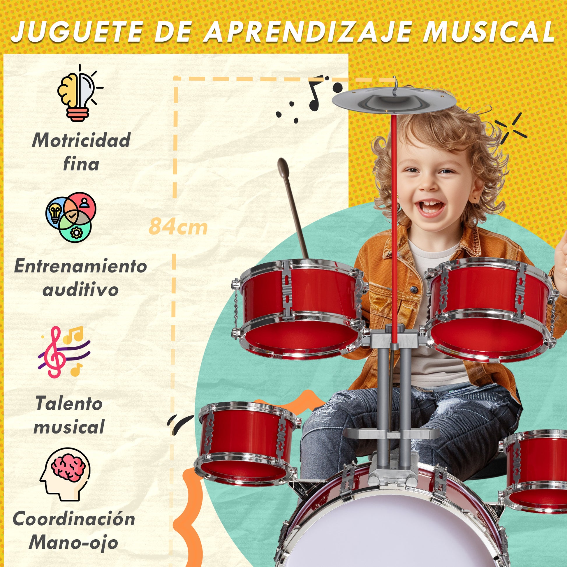 Kids Drum Set with Drum Throne for Children 3+ Years with Drums Bass Drum Cymbal Pedal and Drumsticks 68.5x37x84 cm Red