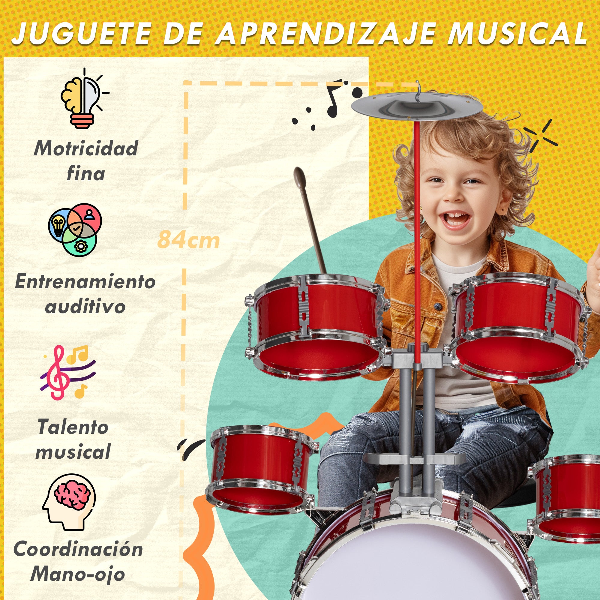 Kids Drum Set with Drum Throne for Children 3+ Years with Drums Bass Drum Cymbal Pedal and Drumsticks 68.5x37x84 cm Red