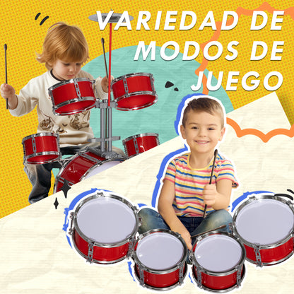 Kids Drum Set with Drum Throne for Children 3+ Years with Drums Bass Drum Cymbal Pedal and Drumsticks 68.5x37x84 cm Red
