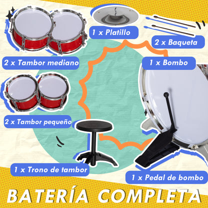 Kids Drum Set with Drum Throne for Children 3+ Years with Drums Bass Drum Cymbal Pedal and Drumsticks 68.5x37x84 cm Red