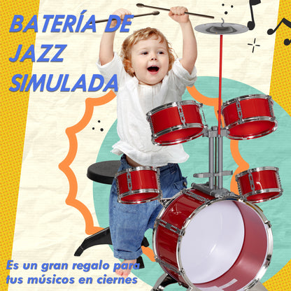Kids Drum Set with Drum Throne for Children 3+ Years with Drums Bass Drum Cymbal Pedal and Drumsticks 68.5x37x84 cm Red