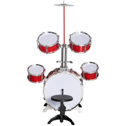 Kids Drum Set with Drum Throne for Children 3+ Years with Drums Bass Drum Cymbal Pedal and Drumsticks 68.5x37x84 cm Red