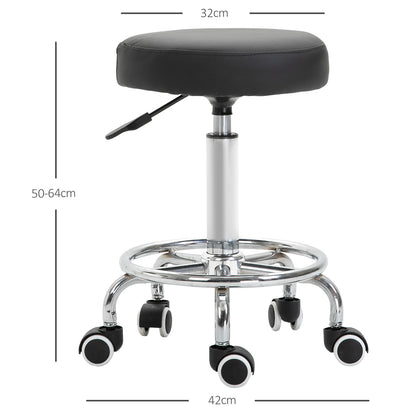 Rolling Stool Adjustable Work Stool with Foot Ring, Swivel Salon Stool Rolling Stool with Wheels Faux Leather Black Ø42 x 50-64 cm