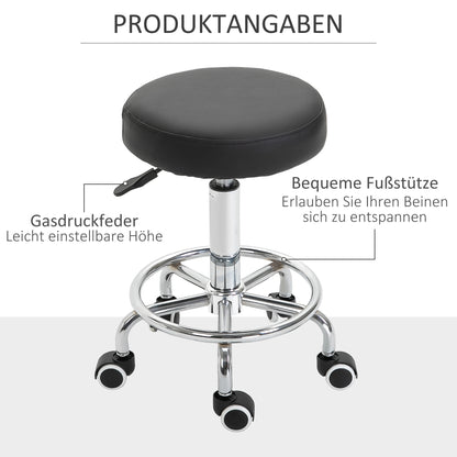 Rolling Stool Adjustable Work Stool with Foot Ring, Swivel Salon Stool Rolling Stool with Wheels Faux Leather Black Ø42 x 50-64 cm