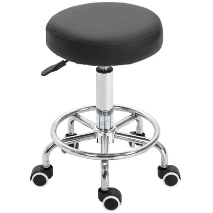 Rolling Stool Adjustable Work Stool with Foot Ring, Swivel Salon Stool Rolling Stool with Wheels Faux Leather Black Ø42 x 50-64 cm