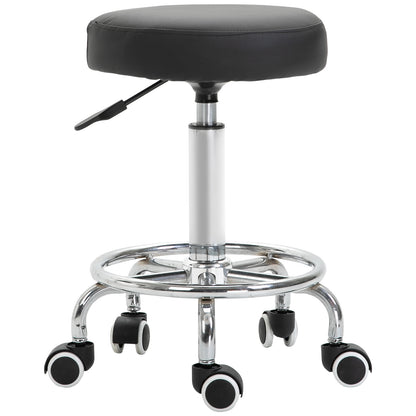 Rolling Stool Adjustable Work Stool with Foot Ring, Swivel Salon Stool Rolling Stool with Wheels Faux Leather Black Ø42 x 50-64 cm