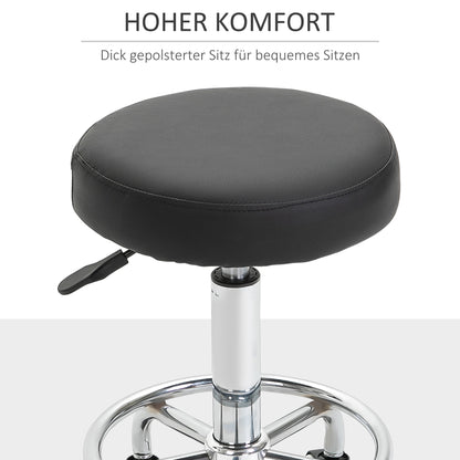 Rolling Stool Adjustable Work Stool with Foot Ring, Swivel Salon Stool Rolling Stool with Wheels Faux Leather Black Ø42 x 50-64 cm