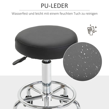Rolling Stool Adjustable Work Stool with Foot Ring, Swivel Salon Stool Rolling Stool with Wheels Faux Leather Black Ø42 x 50-64 cm