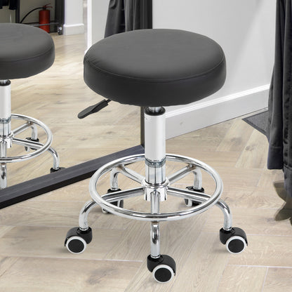 Rolling Stool Adjustable Work Stool with Foot Ring, Swivel Salon Stool Rolling Stool with Wheels Faux Leather Black Ø42 x 50-64 cm