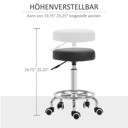 Rolling Stool Adjustable Work Stool with Foot Ring, Swivel Salon Stool Rolling Stool with Wheels Faux Leather Black Ø42 x 50-64 cm