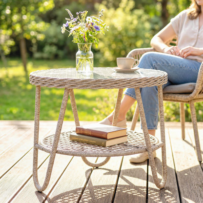 Outdoor PE Rattan Garden Side Table with Tempered Glass Top, Galvanized Metal Frame, 25.6 x 25.6 x 19.7 in (65 x 65 x 50 cm), Yellow