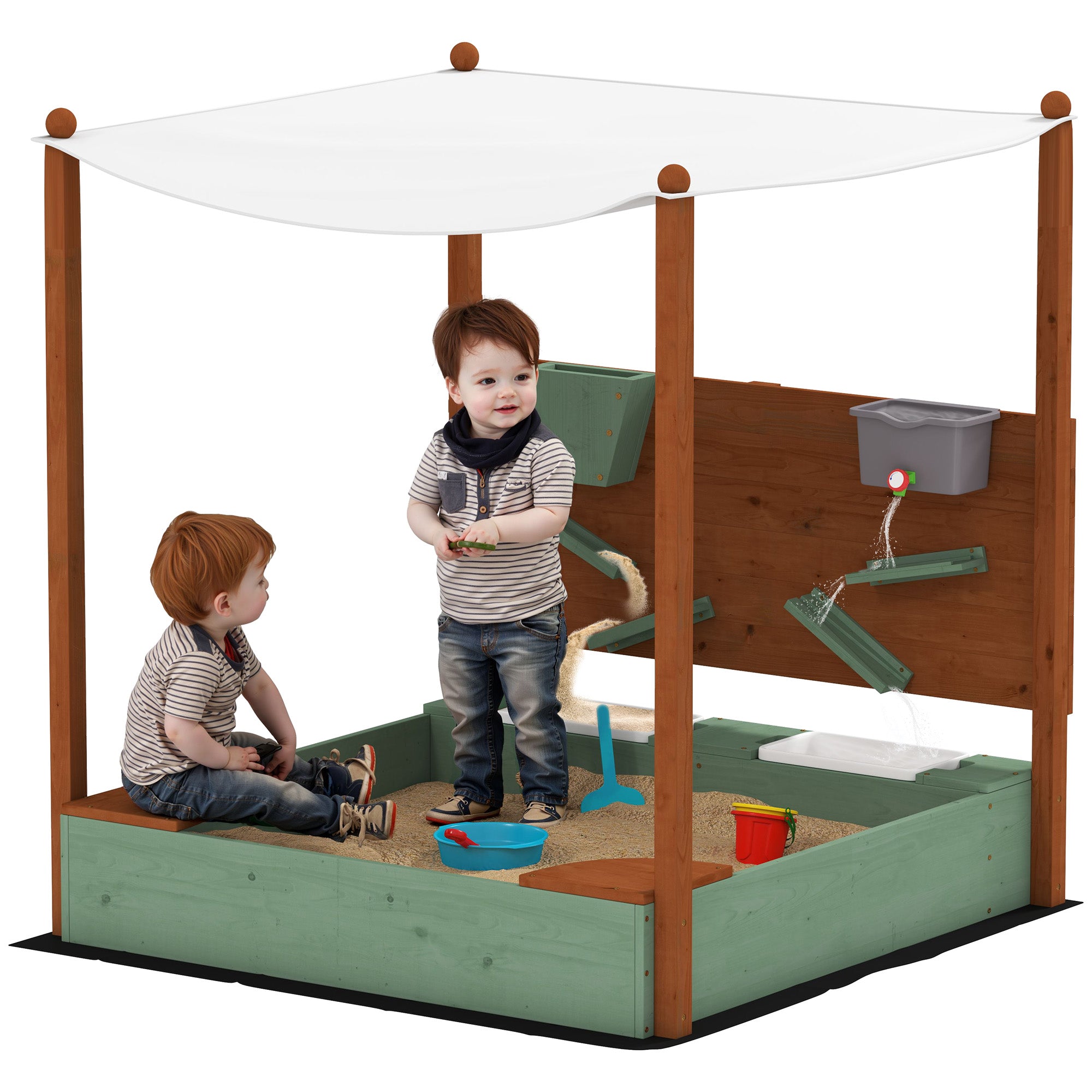 Sandbox with Cover 116 x 112.5 cm Made of Impregnated Solid Wood Children's Sandbox with Benches Ground Cover Sand Toys, Sandpit for Outdoor Terrace Balcony Garden