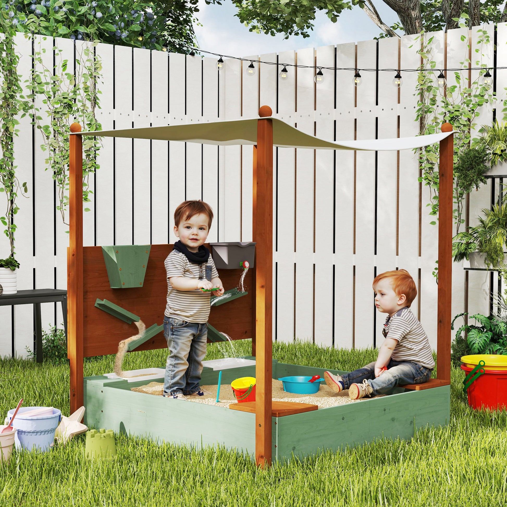 Sandbox with Cover 116 x 112.5 cm Made of Impregnated Solid Wood Children's Sandbox with Benches Ground Cover Sand Toys, Sandpit for Outdoor Terrace Balcony Garden