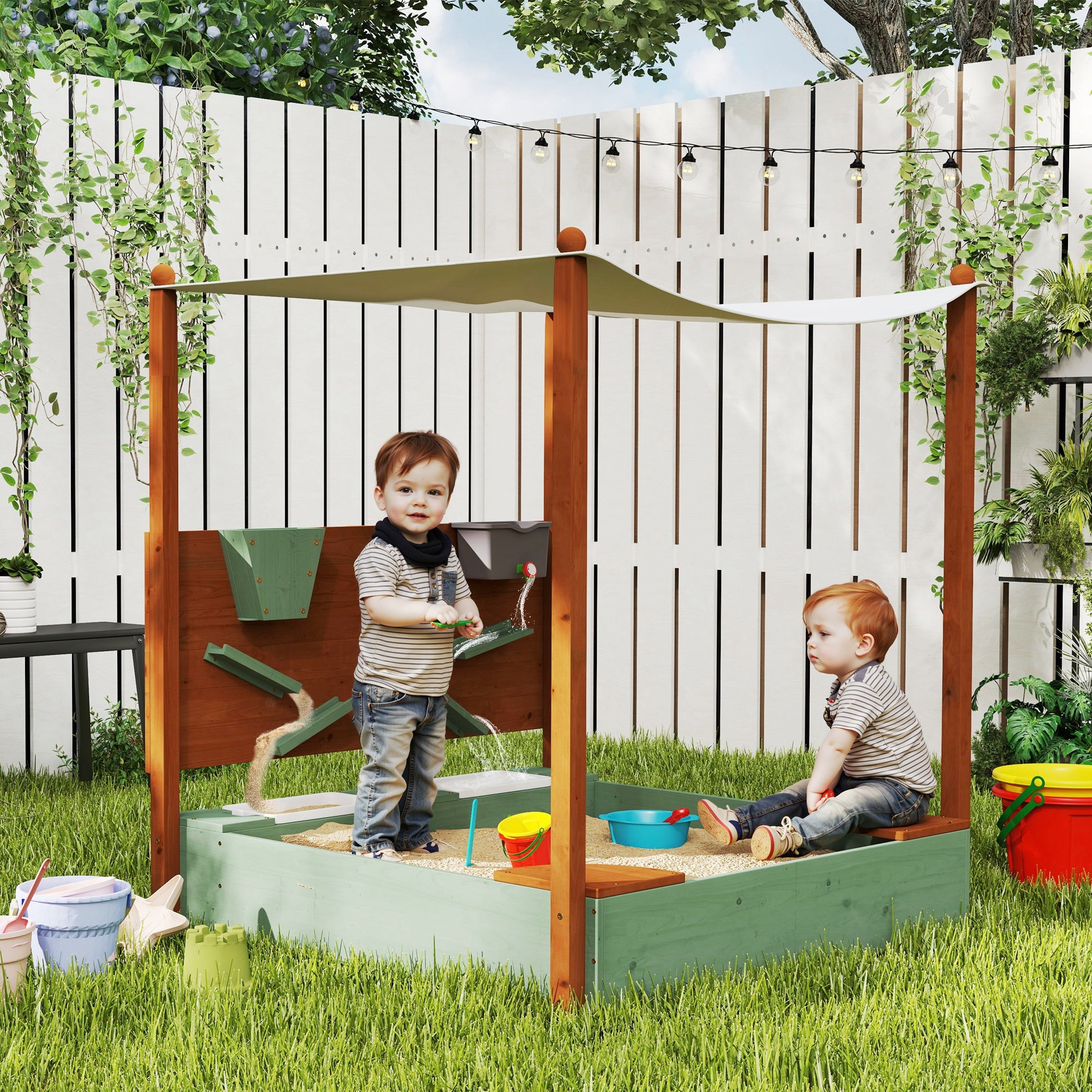 Sandbox with Cover 116 x 112.5 cm Made of Impregnated Solid Wood Children's Sandbox with Benches Ground Cover Sand Toys, Sandpit for Outdoor Terrace Balcony Garden