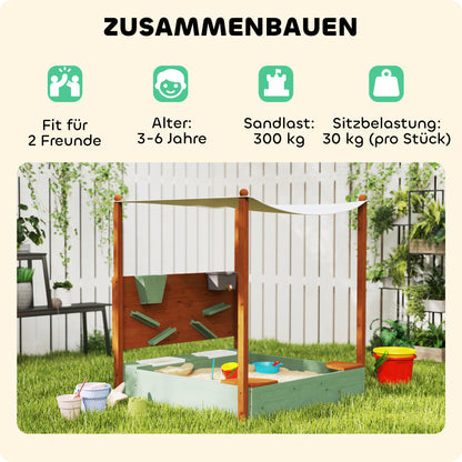 Sandbox with Cover 116 x 112.5 cm Made of Impregnated Solid Wood Children's Sandbox with Benches Ground Cover Sand Toys, Sandpit for Outdoor Terrace Balcony Garden