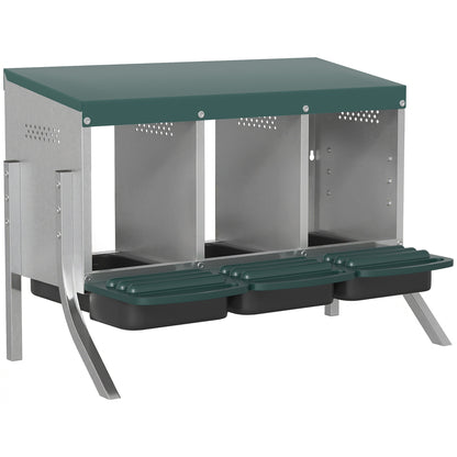 3-Compartment Rollaway Nesting Box for Chickens, Ventilated with Drainage, Fits 3 Hens, 85 x 54.6 x 61 cm (33.5 x 21.5 x 24 in), Silver/Green