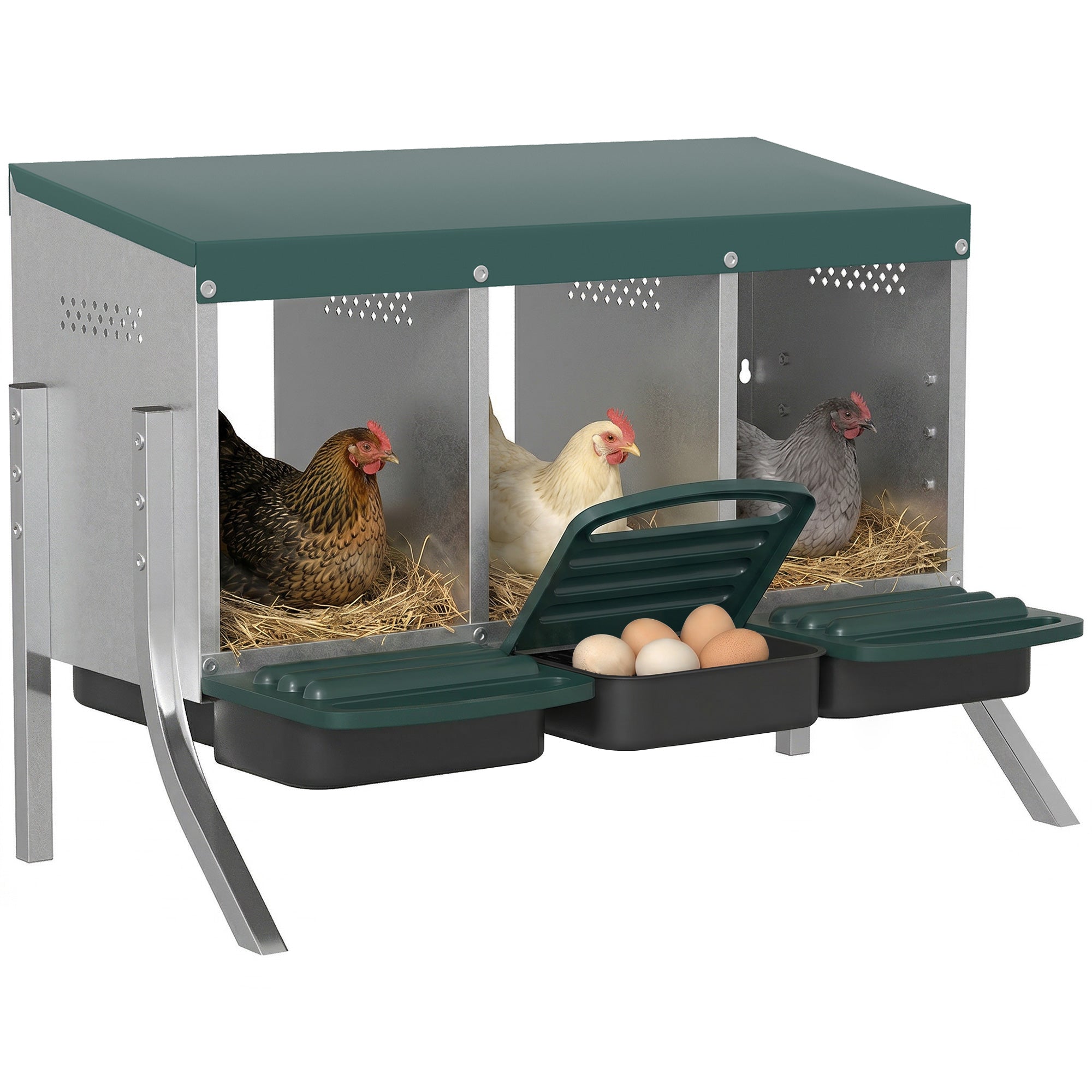 3-Compartment Rollaway Nesting Box for Chickens, Ventilated with Drainage, Fits 3 Hens, 85 x 54.6 x 61 cm (33.5 x 21.5 x 24 in), Silver/Green