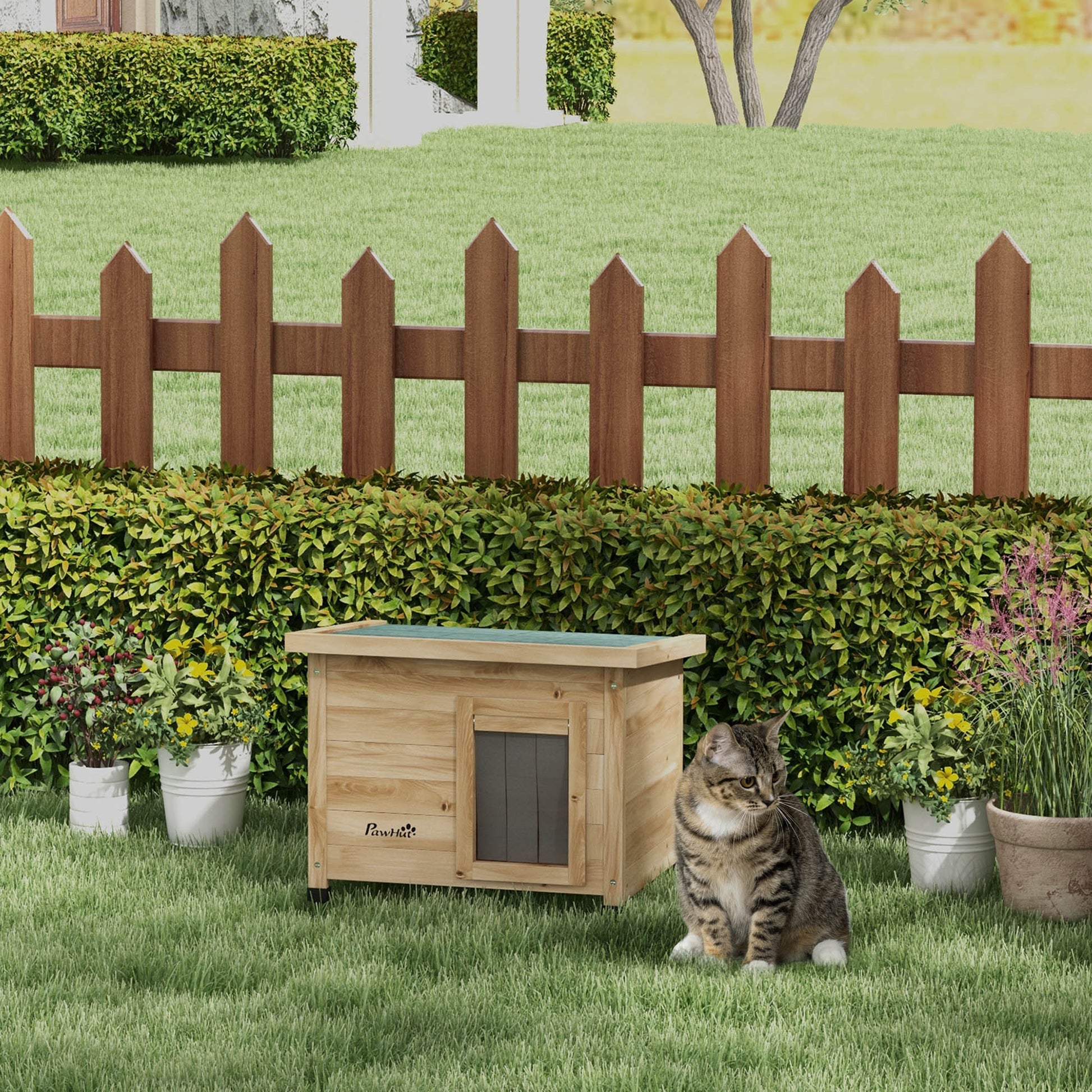 Wooden Outdoor Cat House Winterproof Waterproof Cat Shelter with Asphalt Roof Window Door Curtain Elevated Cat Cave Shelter Outdoor Cat Box for Outdoor Garden Balcony 57 x 45 x 43 cm Yellow
