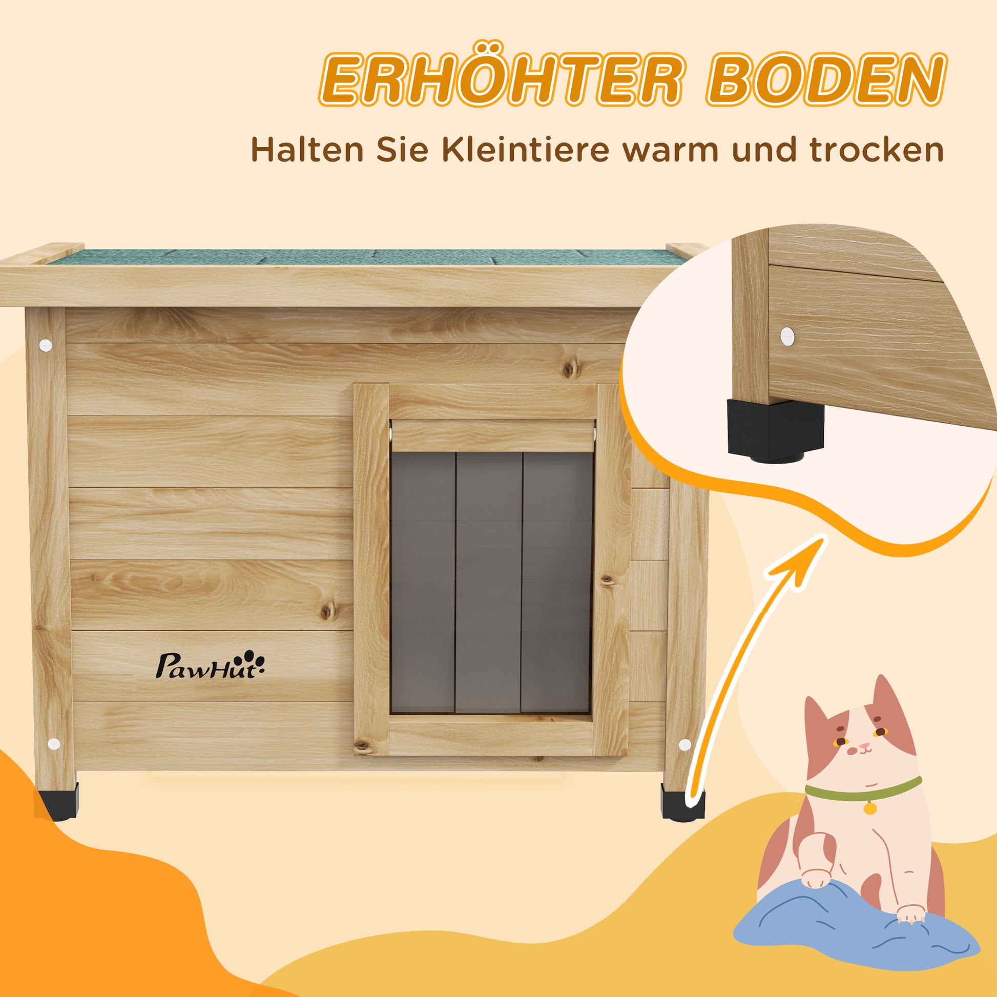 Wooden Outdoor Cat House Winterproof Waterproof Cat Shelter with Asphalt Roof Window Door Curtain Elevated Cat Cave Shelter Outdoor Cat Box for Outdoor Garden Balcony 57 x 45 x 43 cm Yellow