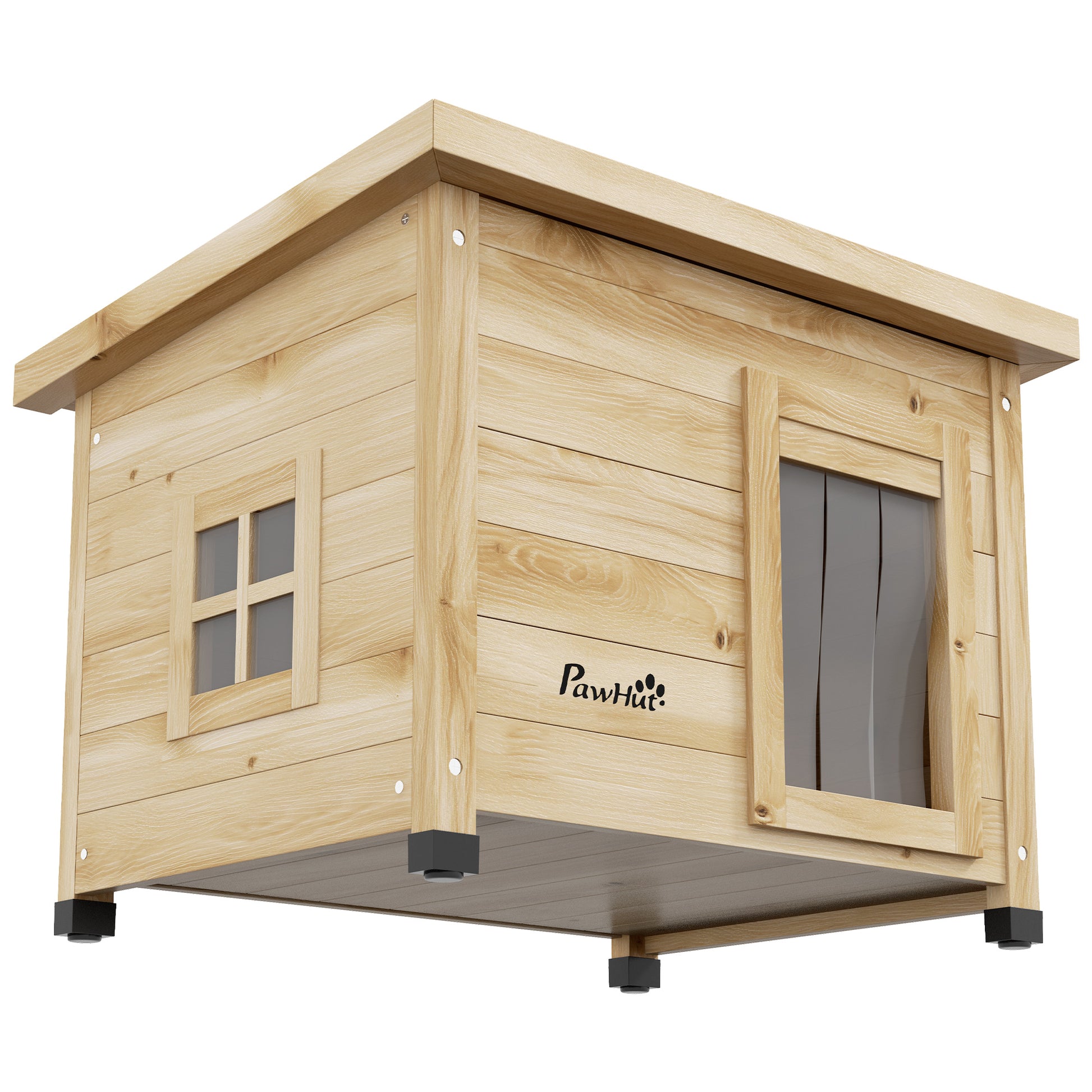 Wooden Outdoor Cat House Winterproof Waterproof Cat Shelter with Asphalt Roof Window Door Curtain Elevated Cat Cave Shelter Outdoor Cat Box for Outdoor Garden Balcony 57 x 45 x 43 cm Yellow
