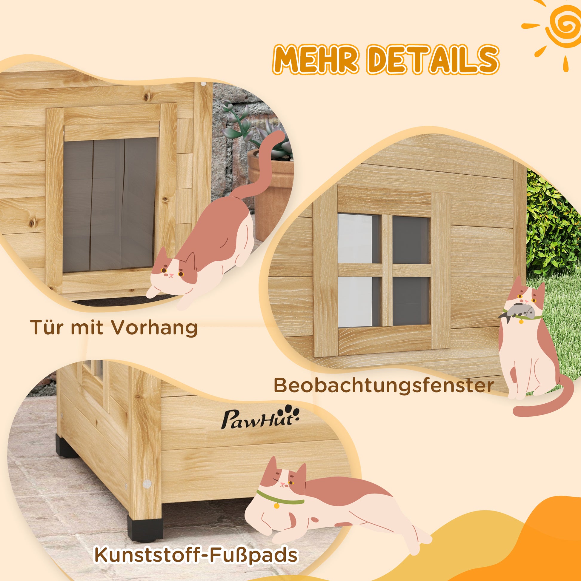 Wooden Outdoor Cat House Winterproof Waterproof Cat Shelter with Asphalt Roof Window Door Curtain Elevated Cat Cave Shelter Outdoor Cat Box for Outdoor Garden Balcony 57 x 45 x 43 cm Yellow