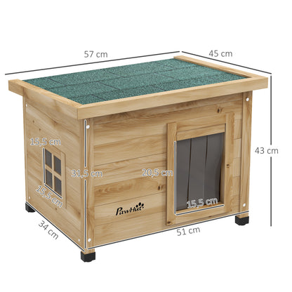 Wooden Outdoor Cat House Winterproof Waterproof Cat Shelter with Asphalt Roof Window Door Curtain Elevated Cat Cave Shelter Outdoor Cat Box for Outdoor Garden Balcony 57 x 45 x 43 cm Yellow
