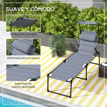 Folding Sun Lounger Outdoor Lounge Chair with Adjustable Canopy 4-Level Adjustable Backrest and Headrest for Terrace Pool 70x200x45 cm Gray
