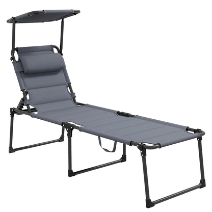 Folding Sun Lounger Outdoor Lounge Chair with Adjustable Canopy 4-Level Adjustable Backrest and Headrest for Terrace Pool 70x200x45 cm Gray