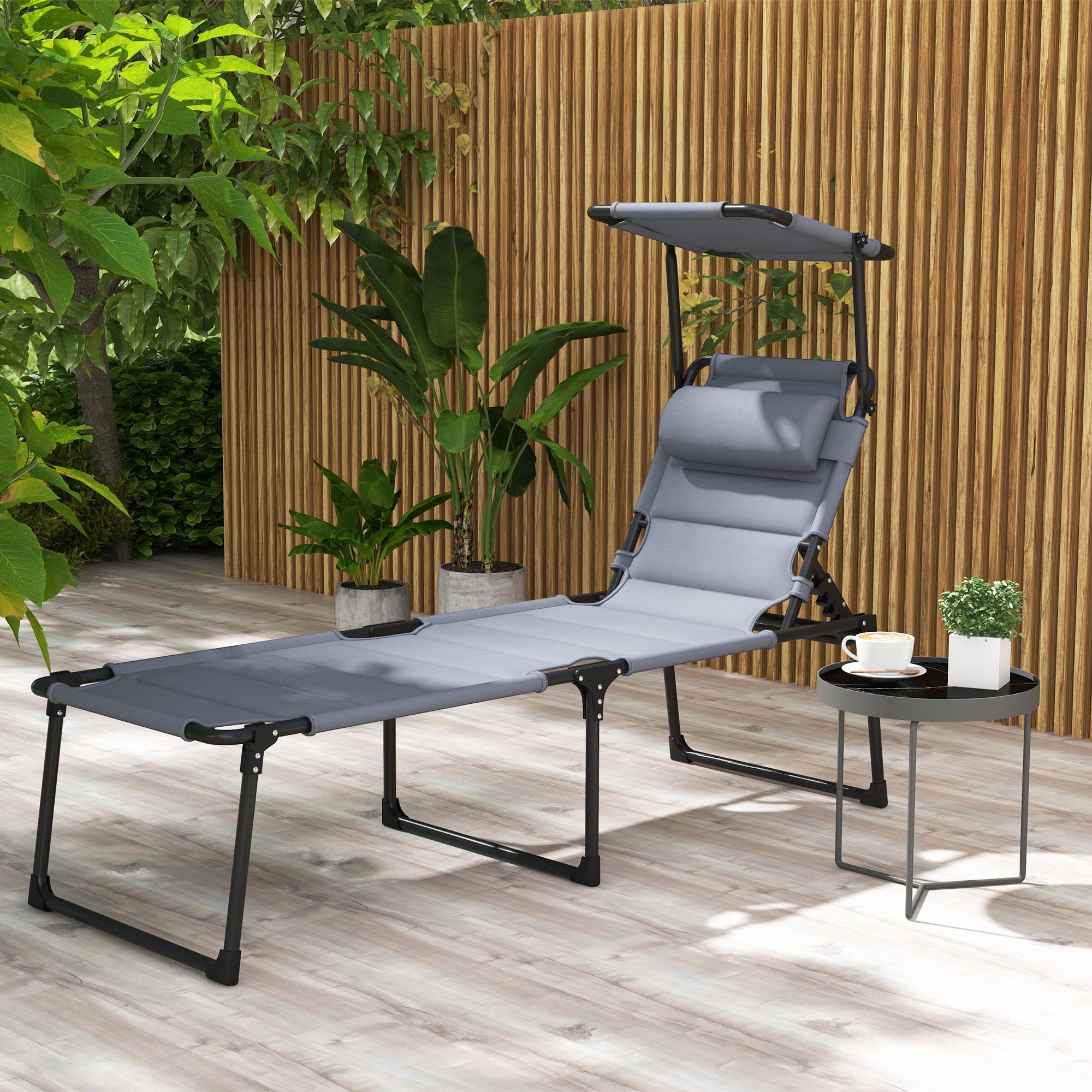 Folding Sun Lounger Outdoor Lounge Chair with Adjustable Canopy 4-Level Adjustable Backrest and Headrest for Terrace Pool 70x200x45 cm Gray