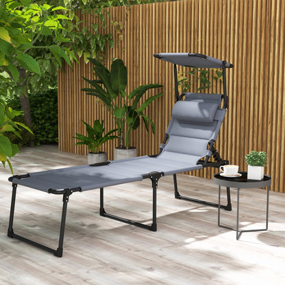 Folding Sun Lounger Outdoor Lounge Chair with Adjustable Canopy 4-Level Adjustable Backrest and Headrest for Terrace Pool 70x200x45 cm Gray