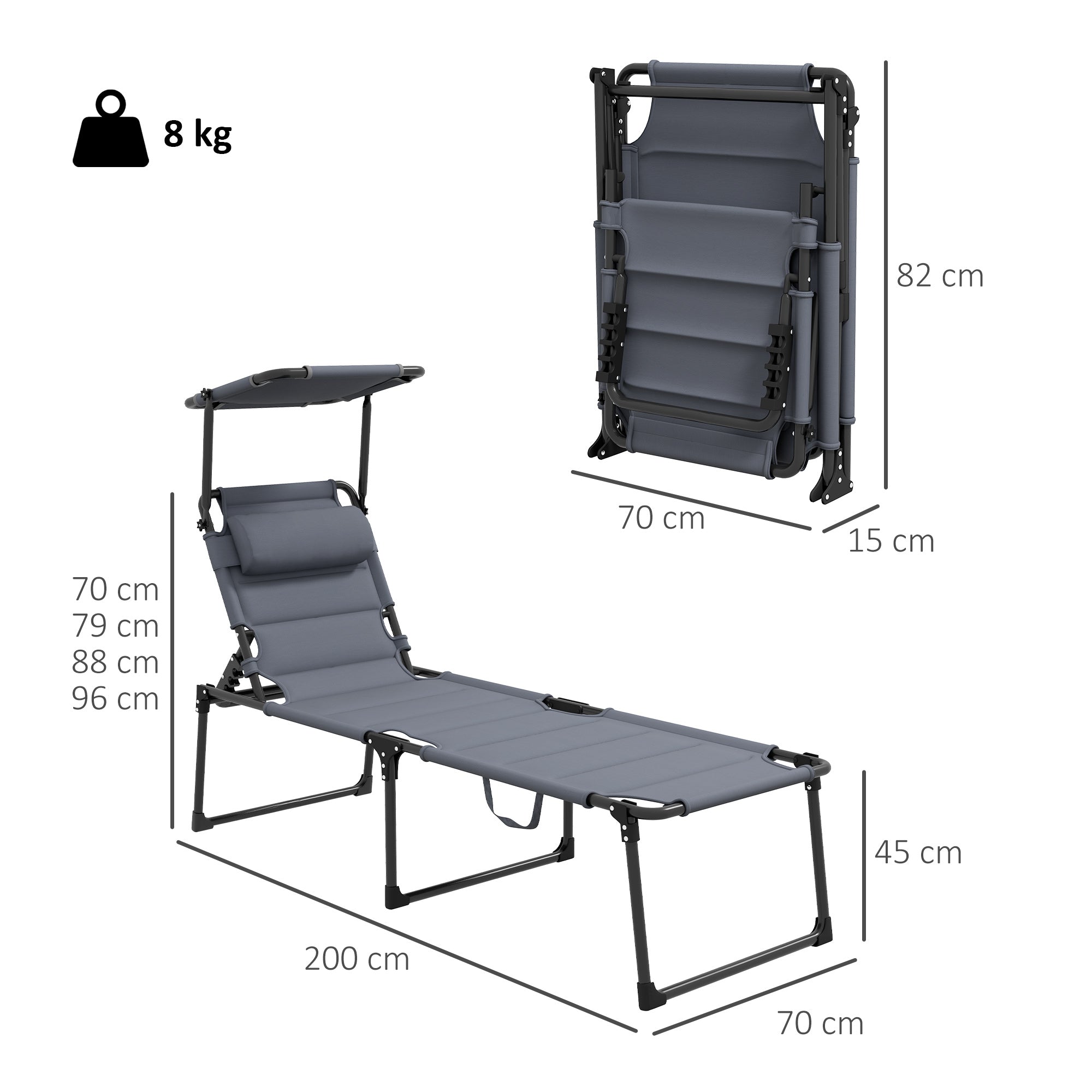 Folding Sun Lounger Outdoor Lounge Chair with Adjustable Canopy 4-Level Adjustable Backrest and Headrest for Terrace Pool 70x200x45 cm Gray