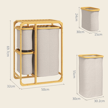 Space-Saving Laundry Basket, Elegant Laundry Basket with 3 Removable Fabric Bags and Shelves, Bamboo, 50x32x69.7 cm, Bamboo and Cream Color