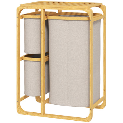 Space-Saving Laundry Basket, Elegant Laundry Basket with 3 Removable Fabric Bags and Shelves, Bamboo, 50x32x69.7 cm, Bamboo and Cream Color