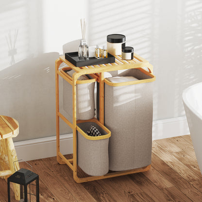 Space-Saving Laundry Basket, Elegant Laundry Basket with 3 Removable Fabric Bags and Shelves, Bamboo, 50x32x69.7 cm, Bamboo and Cream Color