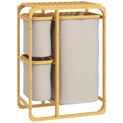 Space-Saving Laundry Basket, Elegant Laundry Basket with 3 Removable Fabric Bags and Shelves, Bamboo, 50x32x69.7 cm, Bamboo and Cream Color
