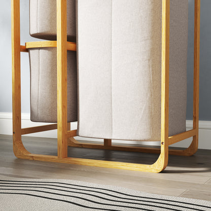 Space-Saving Laundry Basket, Elegant Laundry Basket with 3 Removable Fabric Bags and Shelves, Bamboo, 50x32x69.7 cm, Bamboo and Cream Color