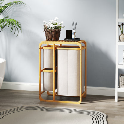 Space-Saving Laundry Basket, Elegant Laundry Basket with 3 Removable Fabric Bags and Shelves, Bamboo, 50x32x69.7 cm, Bamboo and Cream Color