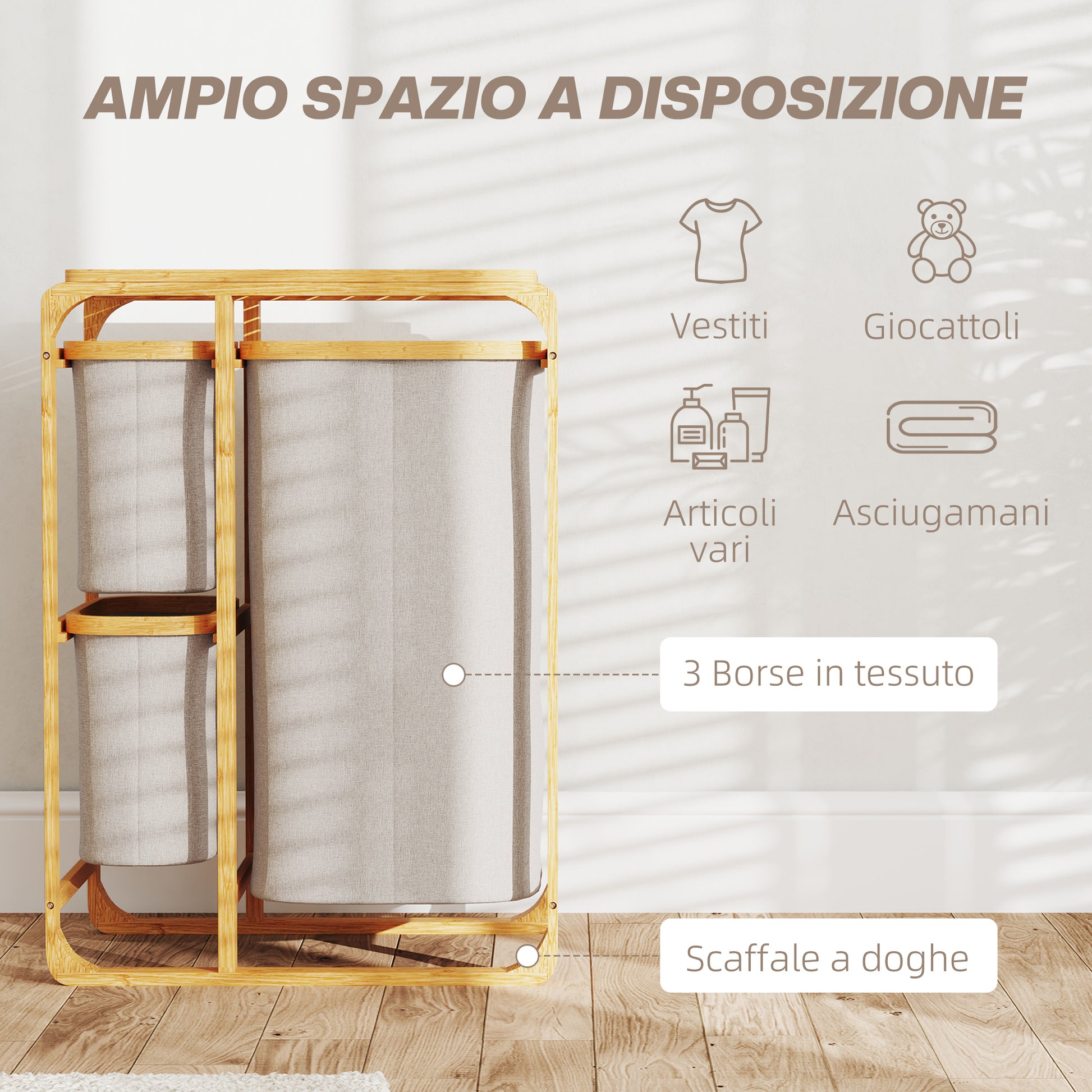 Space-Saving Laundry Basket, Elegant Laundry Basket with 3 Removable Fabric Bags and Shelves, Bamboo, 50x32x69.7 cm, Bamboo and Cream Color