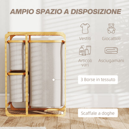 Space-Saving Laundry Basket, Elegant Laundry Basket with 3 Removable Fabric Bags and Shelves, Bamboo, 50x32x69.7 cm, Bamboo and Cream Color